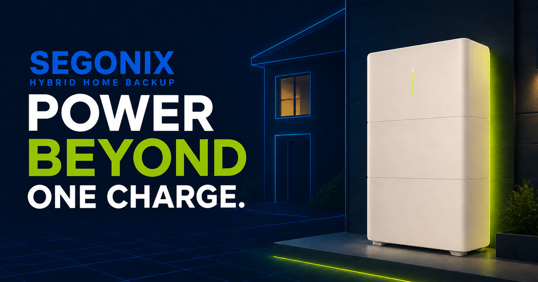 Warm-white Segonix battery stack beside a home at night