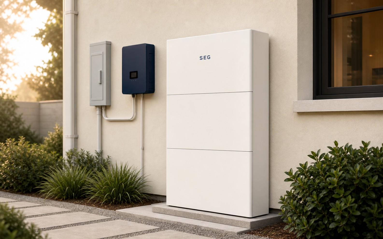 Warm-white SEG battery stack installed outside on a stucco wall with color-matched conduit
