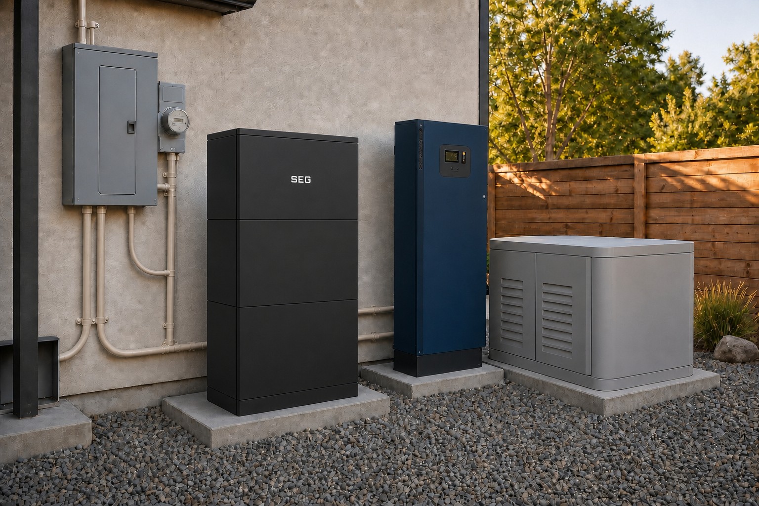 Outdoor SEG battery stack in optional satin black beside generator-support equipment